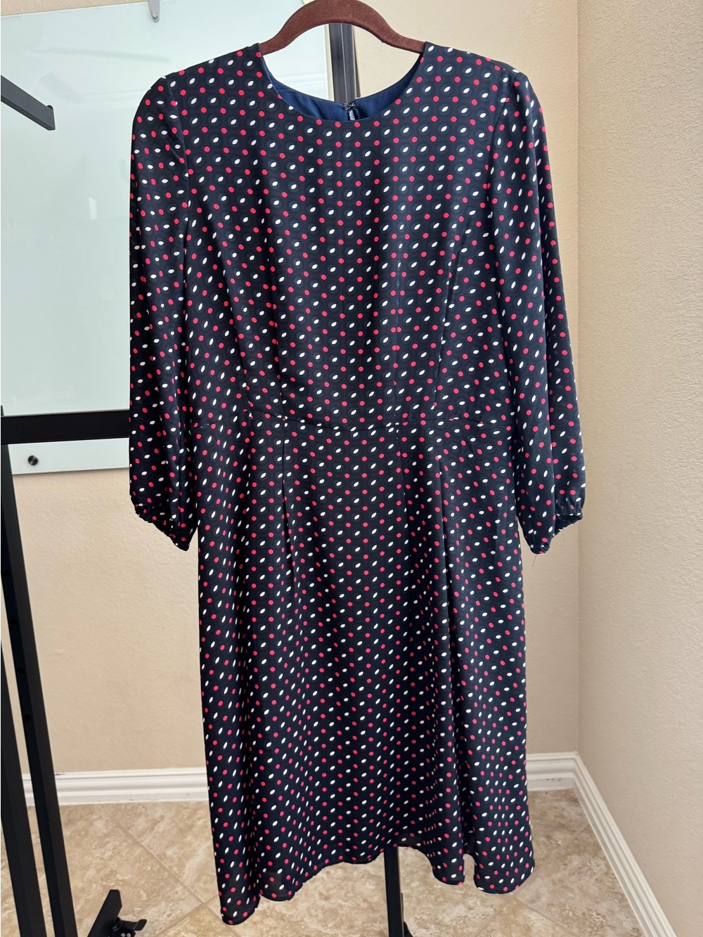 Ann Taylor Navy Midi Dress with Pink and White Polka Dots